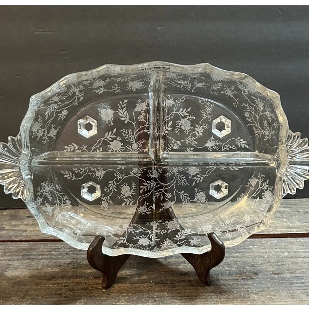 Fostoria Chintz Baroque Etched Floral Clear Glass Dish 3 Section Divided Tray
